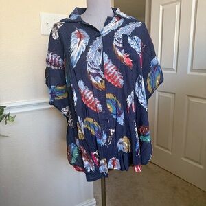 S EASEL blue Navy Feather Print Shirt